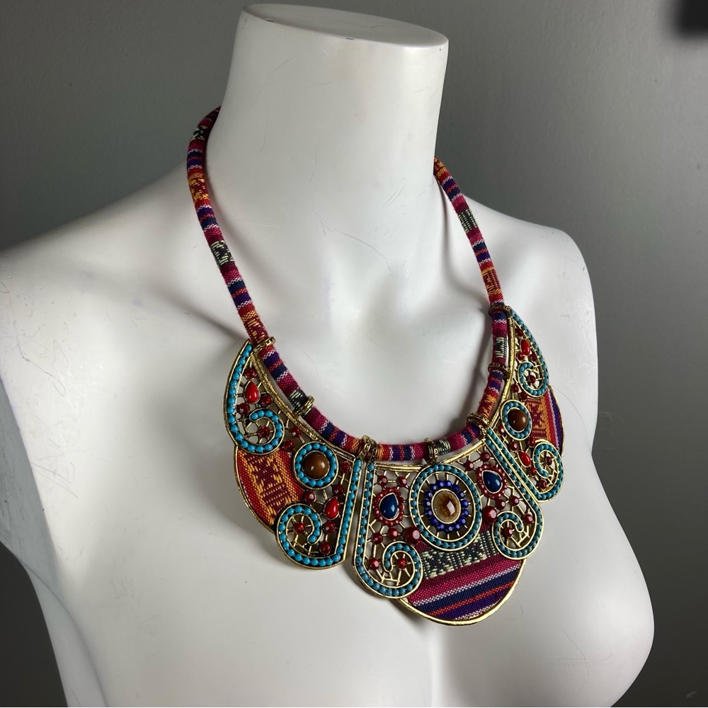 Tribal‎ necklace metal and fabric statement unique eclectic